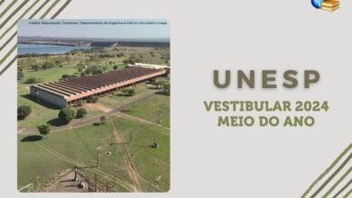 Fundo cinza, foto aérea do campus da Unesp Ilha Solteira, texto Unesp Vestibular 2024 Meio do Ano