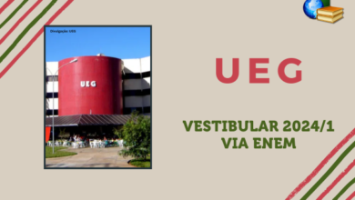 Campus da UEG ao lado do texto Vetibular 2024/1 Via Enem